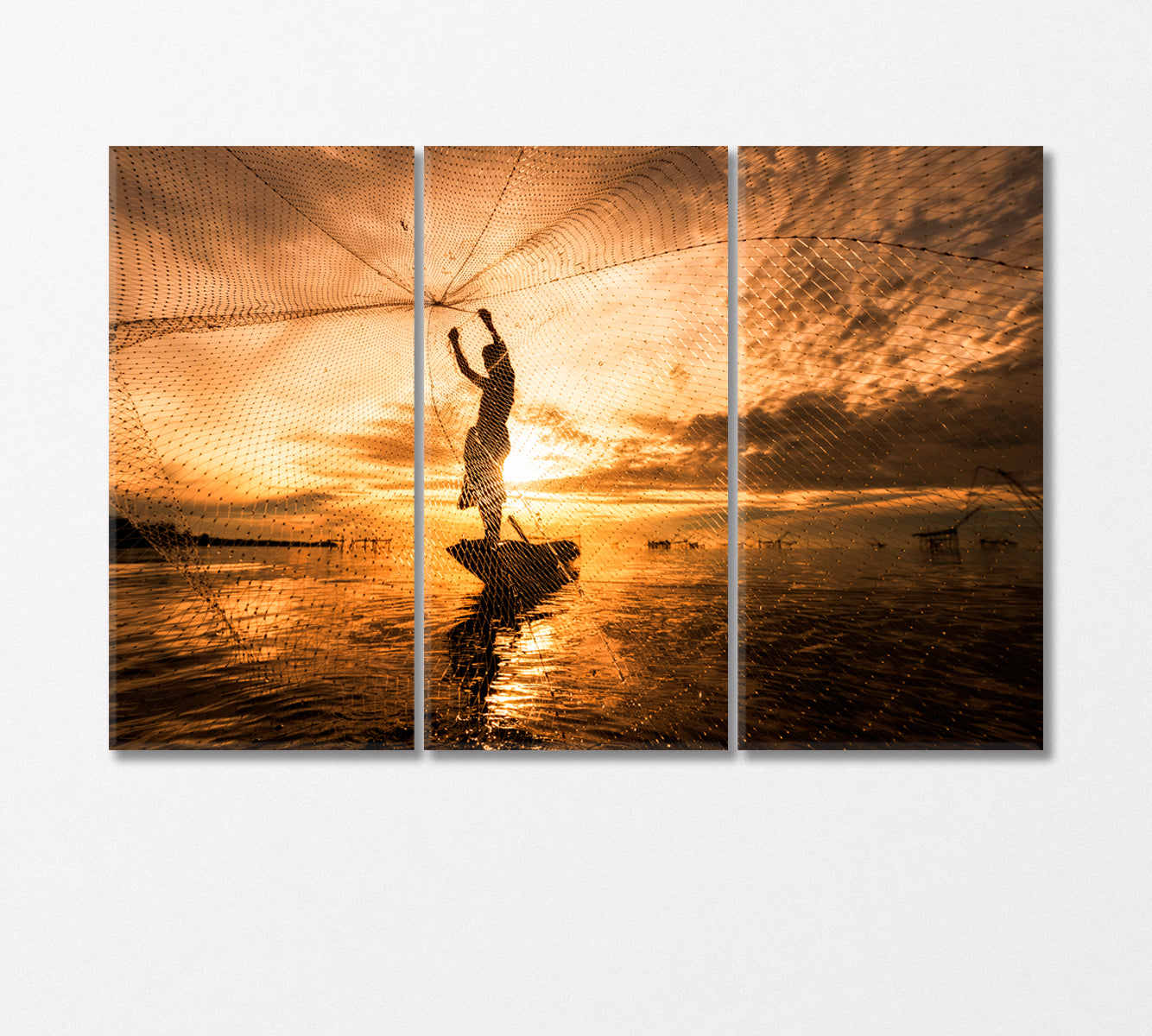 Fisherman Silhouette on Boat with Fishing Net Canvas Print-Canvas Print-CetArt-3 Panels-36x24 inches-CetArt