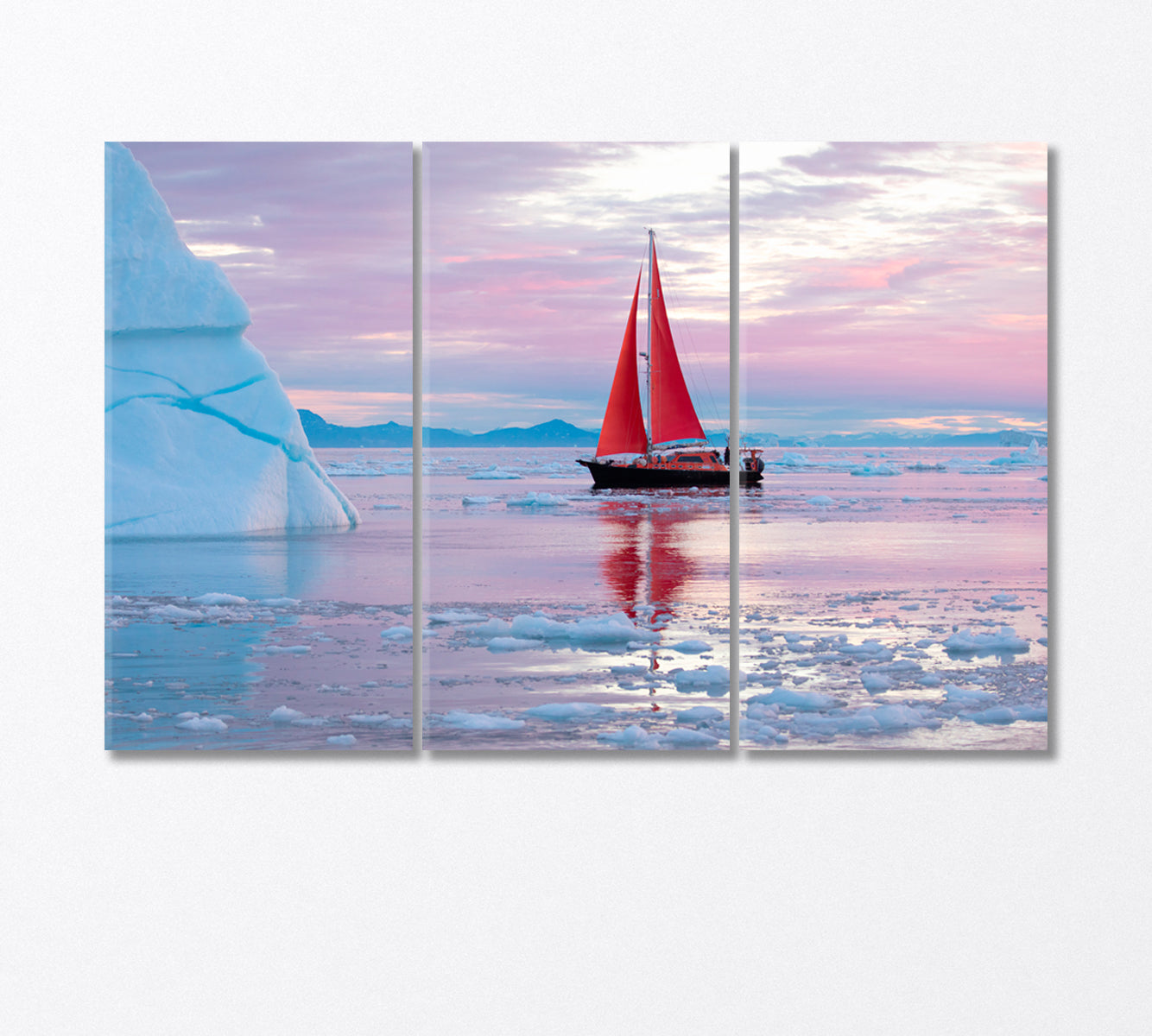 Red Sailboat Near Massive Iceberg Greenland Canvas Print-Canvas Print-CetArt-3 Panels-36x24 inches-CetArt
