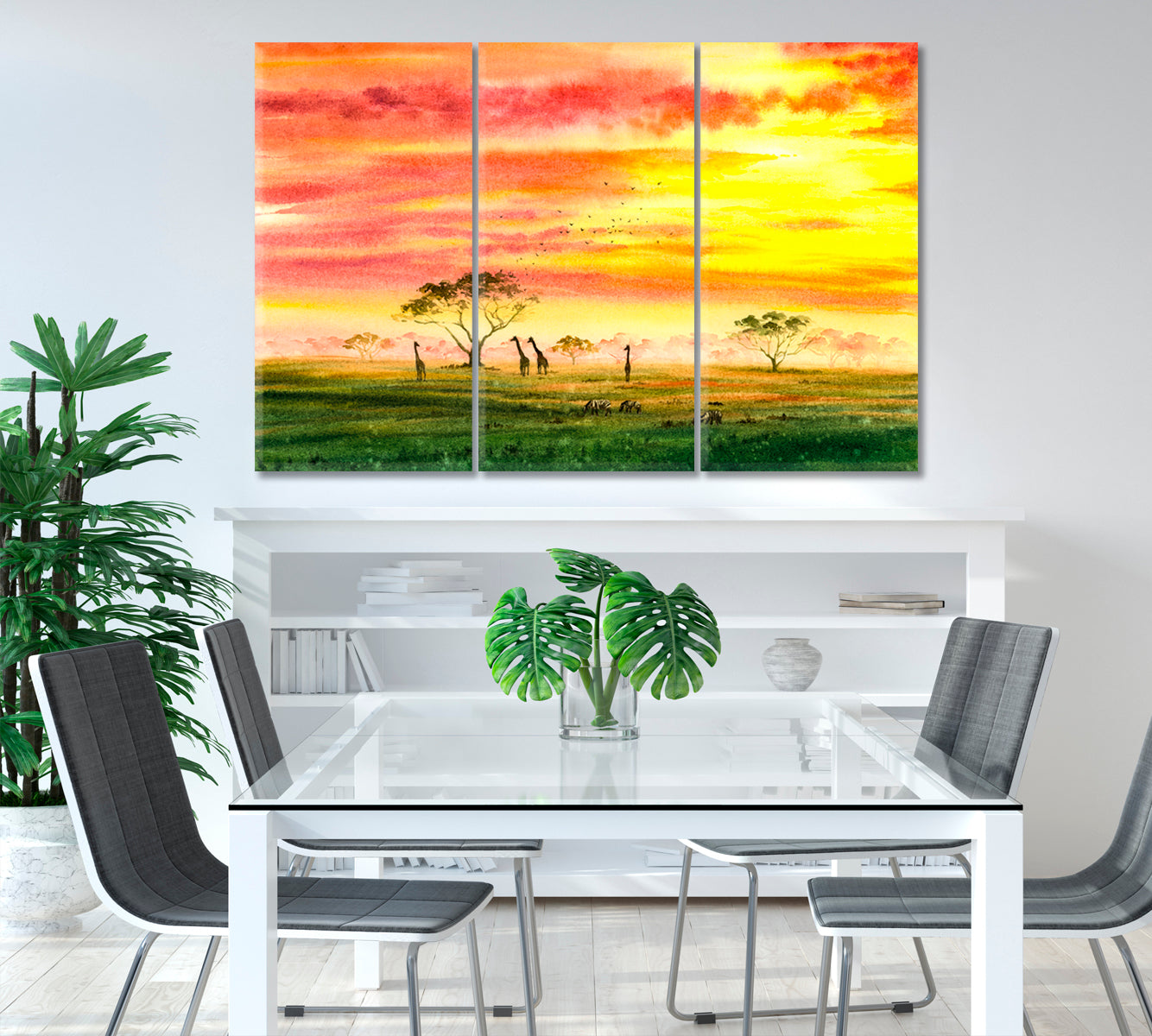 Watercolor Painting Giraffe and Zebra Africa Field Canvas Print-Canvas Print-CetArt-1 Panel-24x16 inches-CetArt