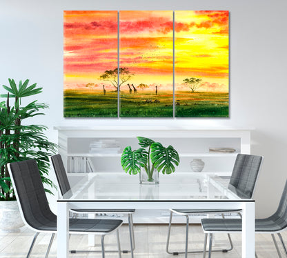 Watercolor Painting Giraffe and Zebra Africa Field Canvas Print-Canvas Print-CetArt-1 Panel-24x16 inches-CetArt