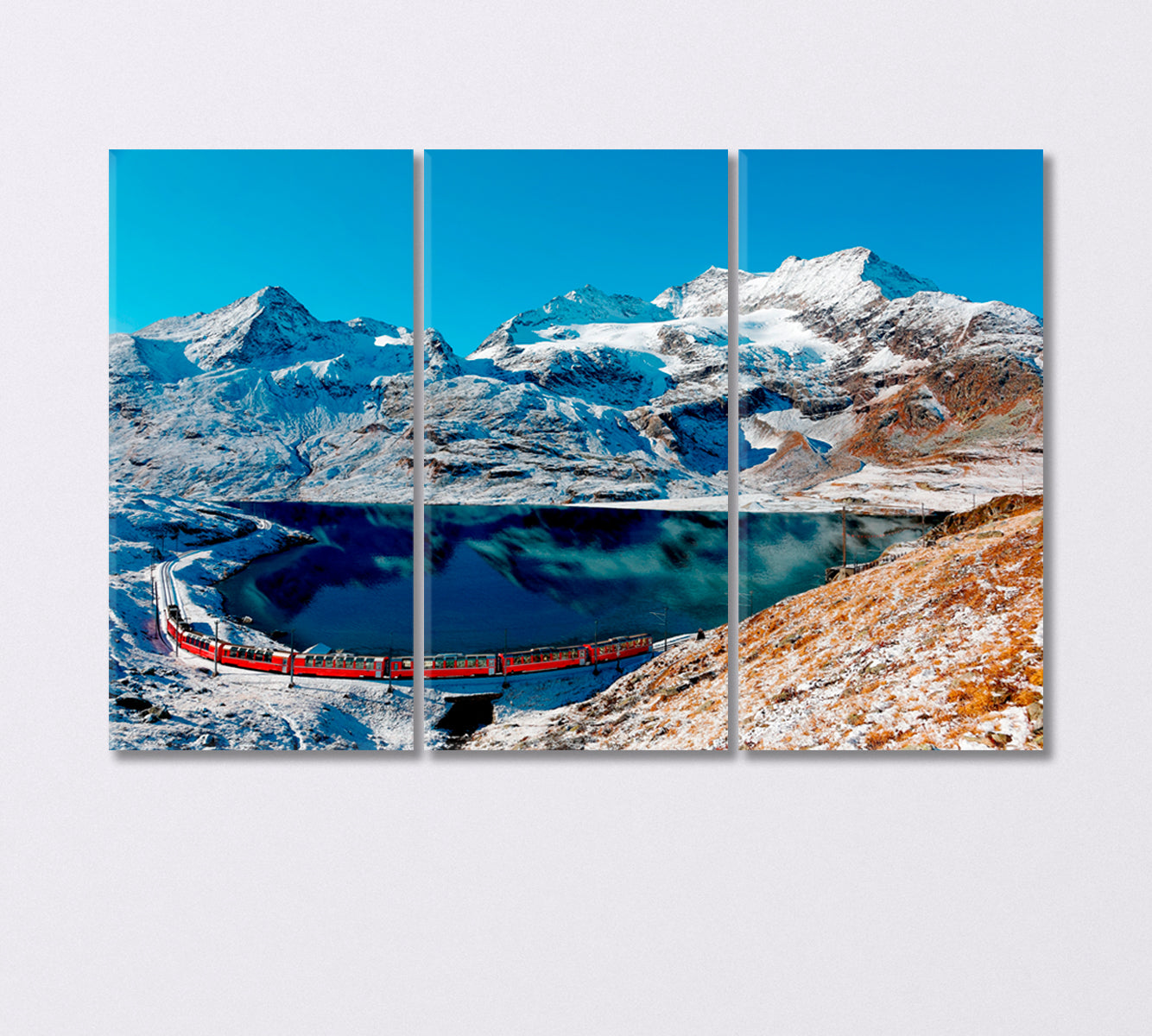 Train Running Along the Shores of Lake Lago Bianco Alps Canvas Print-Canvas Print-CetArt-3 Panels-36x24 inches-CetArt