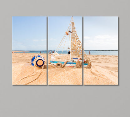 Little Wooden Boat at Ocean Coast Canvas Print-Canvas Print-CetArt-3 Panels-36x24 inches-CetArt