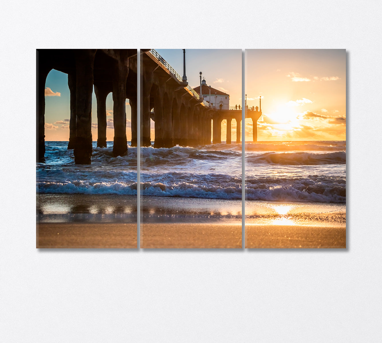 Sunset Behind the Pier at Manhattan Beach California Canvas Print-Canvas Print-CetArt-3 Panels-36x24 inches-CetArt