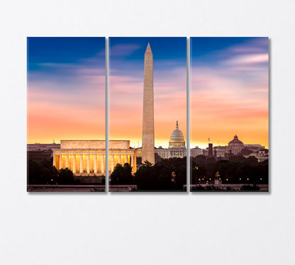 Sunrise over Lincoln Memorial Washington Monument and Capitol Canvas Print-Canvas Print-CetArt-3 Panels-36x24 inches-CetArt