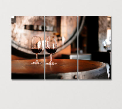 Two Glasses of Red Wine on Wooden Barrel Canvas Print-Canvas Print-CetArt-3 Panels-36x24 inches-CetArt
