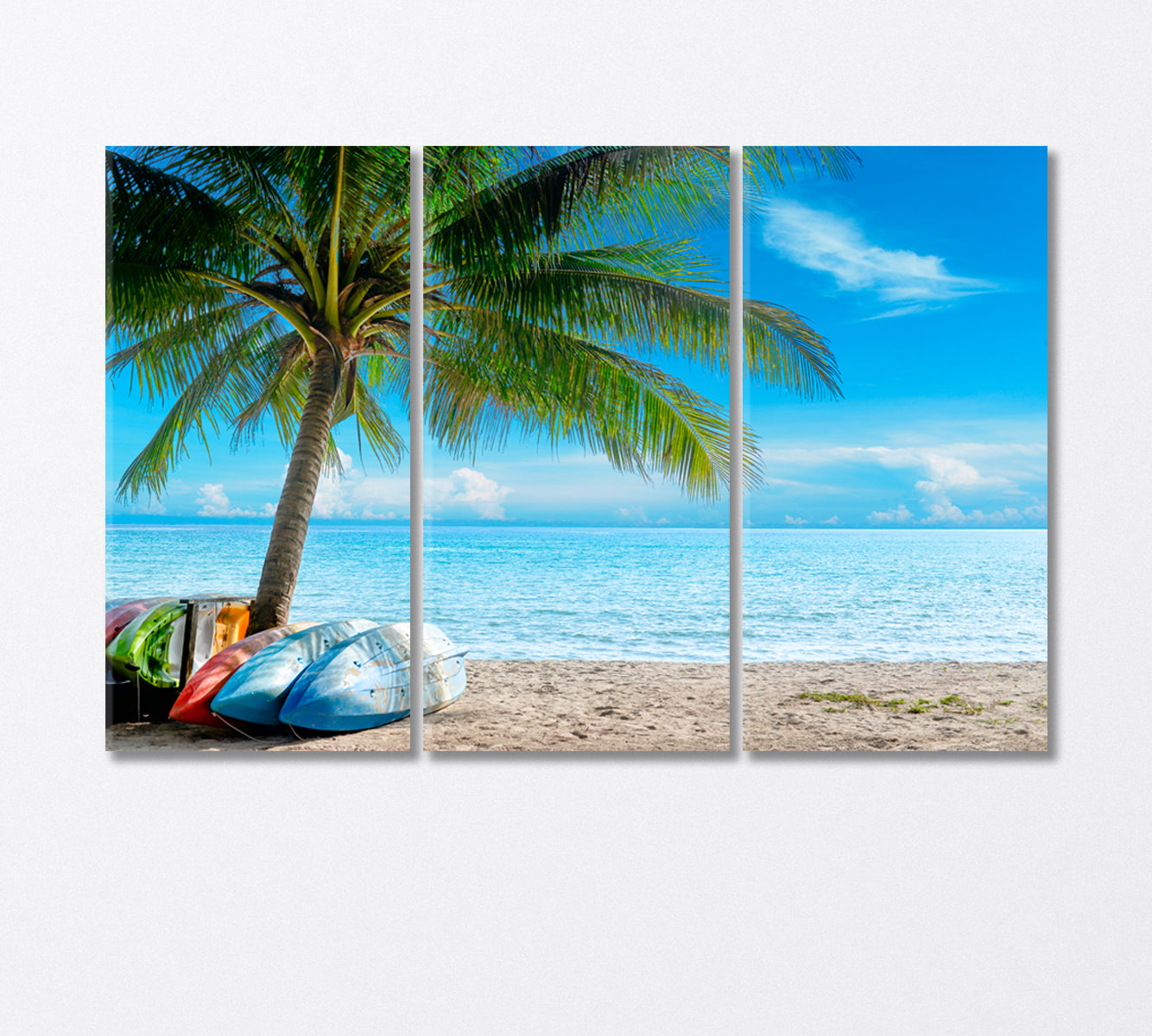 Kayak on Sunny Tropical Beach with Palm Trees Canvas Print-Canvas Print-CetArt-3 Panels-36x24 inches-CetArt