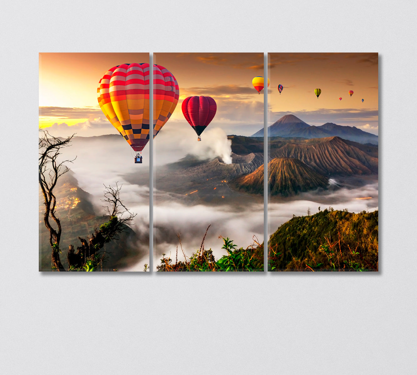 Colorful Hot Air Balloons over Bromo Volcano Indonesia Canvas Print-Canvas Print-CetArt-3 Panels-36x24 inches-CetArt