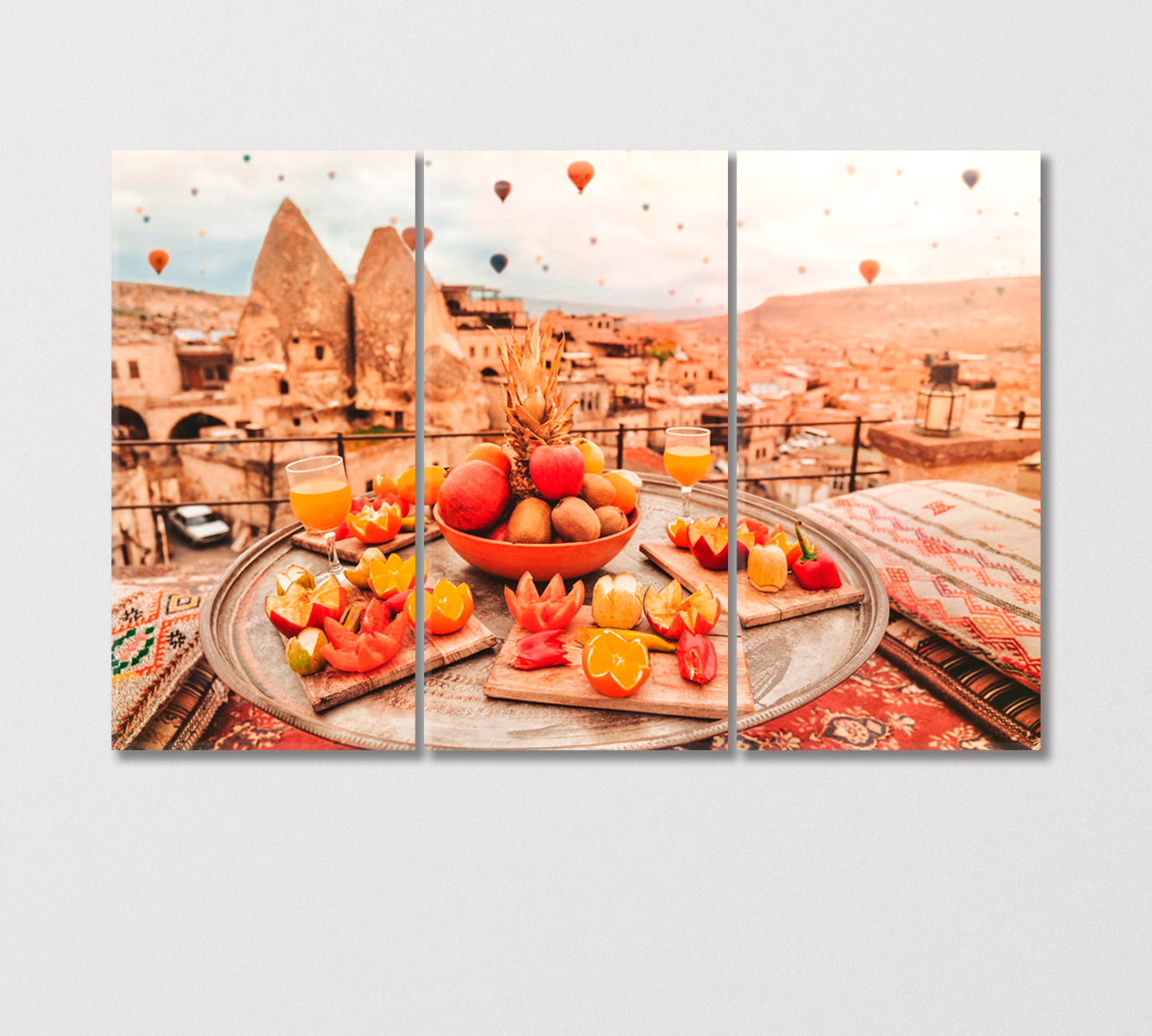 Turkish Breakfast with Cappadocia View and Flying Balloons Canvas Print-Canvas Print-CetArt-3 Panels-36x24 inches-CetArt