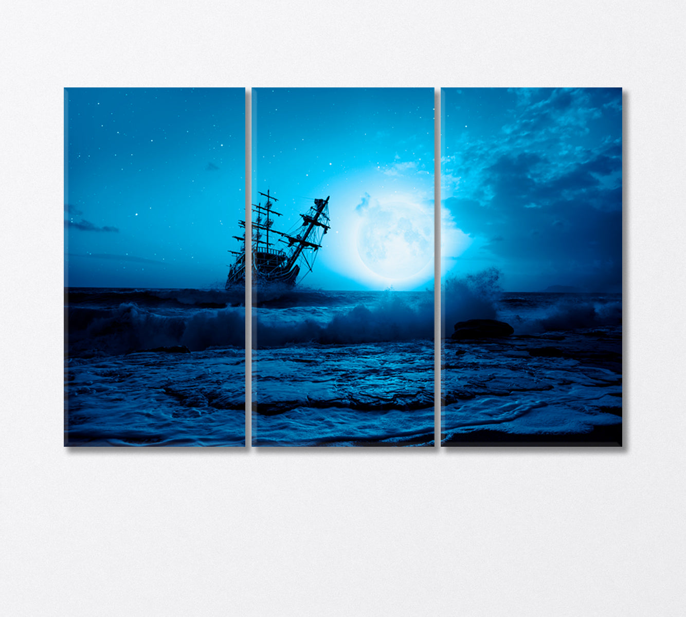 Sailing Old Ship in Stormy Sea at Night Canvas Print-Canvas Print-CetArt-3 Panels-36x24 inches-CetArt