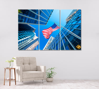 US Flag Over Blue High Rise Buildings Canvas Print-Canvas Print-CetArt-3 Panels-36x24 inches-CetArt