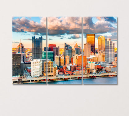 Pittsburgh Downtown under a Warm Sunset Light USA Canvas Print-Canvas Print-CetArt-3 Panels-36x24 inches-CetArt