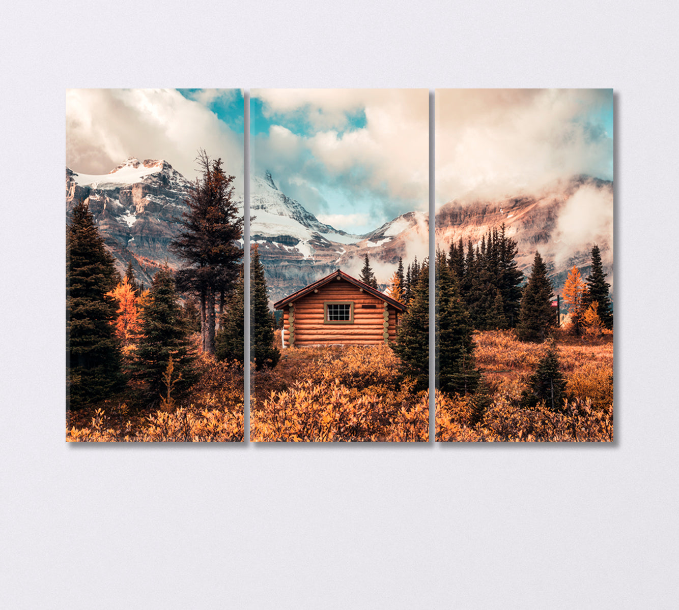 Wooden Hut with Mount Assiniboine in Autumn Canada Canvas Print-Canvas Print-CetArt-3 Panels-36x24 inches-CetArt