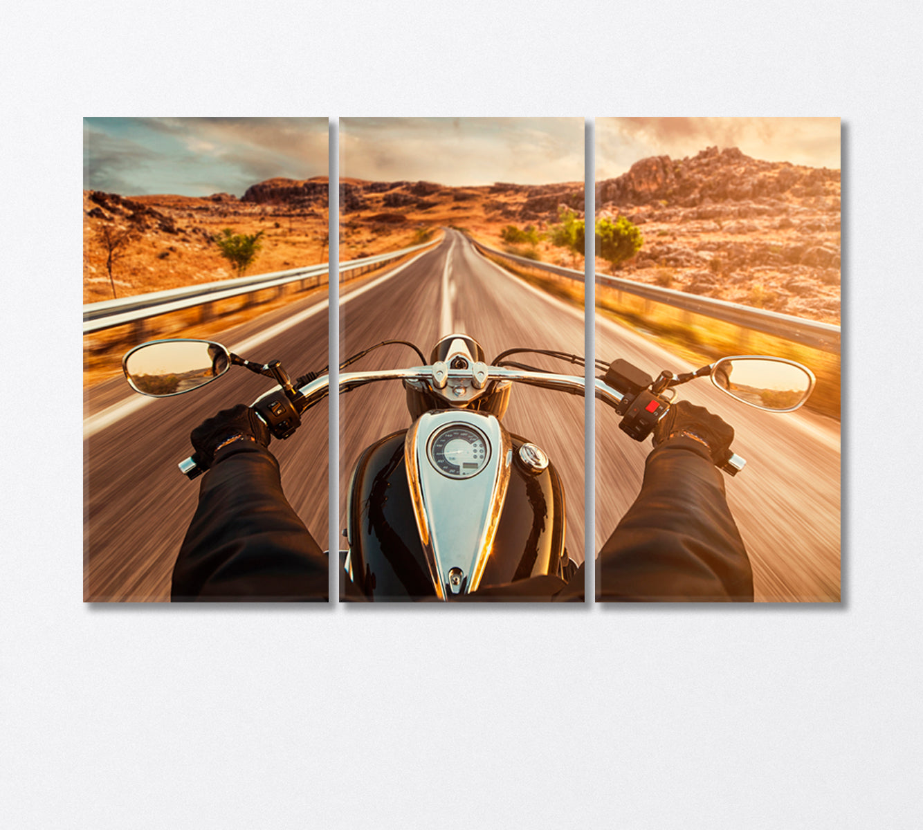 Motorcycle Driver on Empty Road Canvas Print-Canvas Print-CetArt-3 Panels-36x24 inches-CetArt