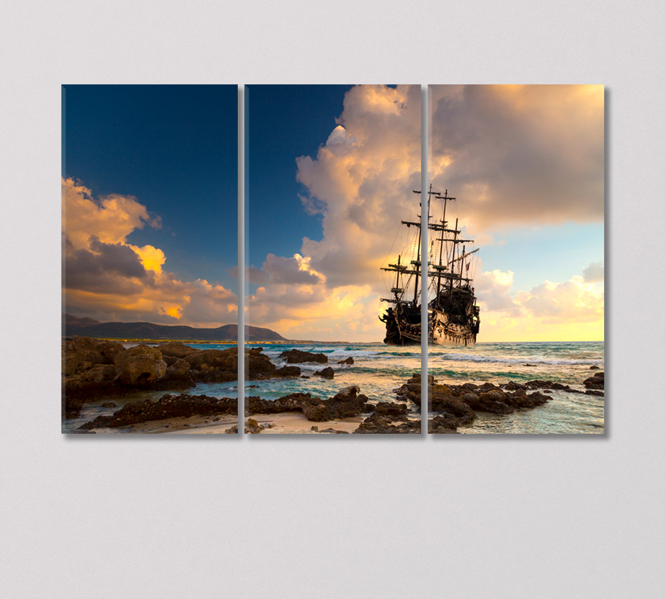 Old Pirate Ship at the Open Sea in Sunset Canvas Print-Canvas Print-CetArt-3 Panels-36x24 inches-CetArt