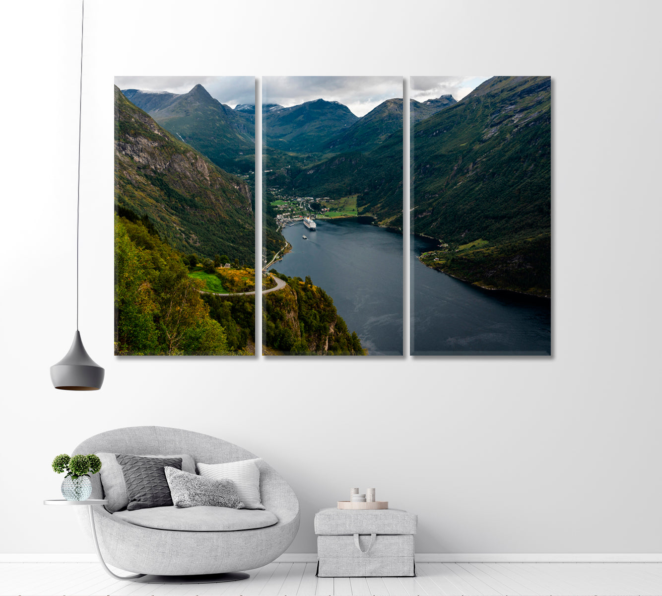Cruise Liner In Geiranger Fjord Norway Canvas Print-Canvas Print-CetArt-3 Panels-36x24 inches-CetArt
