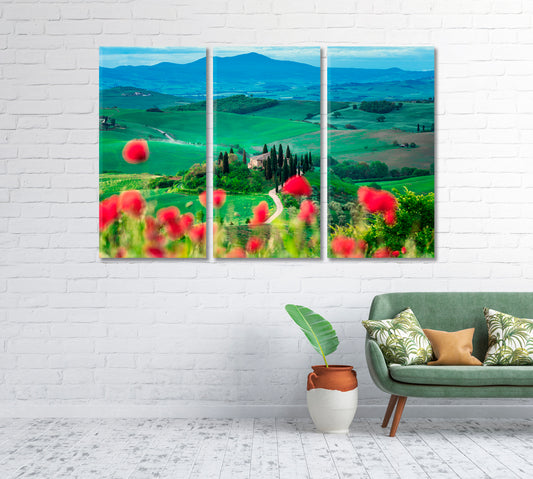 Tuscany Landscape with Poppy Flowers Canvas Print-Canvas Print-CetArt-1 Panel-24x16 inches-CetArt