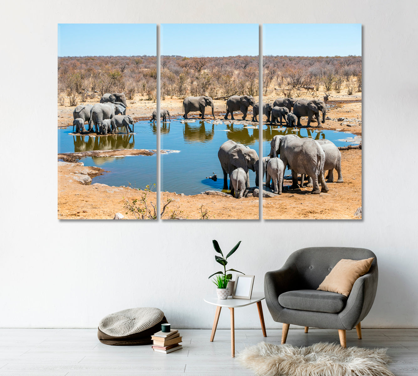 Large Family of African Elephants Drinking at a Waterhole Canvas Print-Canvas Print-CetArt-1 Panel-24x16 inches-CetArt