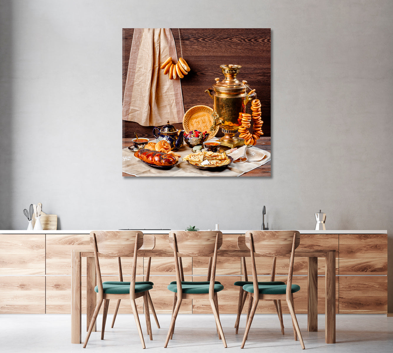 Still Life on Table Samovar with Bagels and Pancakes Canvas Print-Canvas Print-CetArt-1 panel-12x12 inches-CetArt