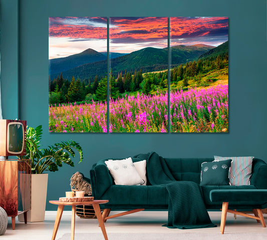 Flower Field near Mountains Canvas Print-Canvas Print-CetArt-1 Panel-24x16 inches-CetArt