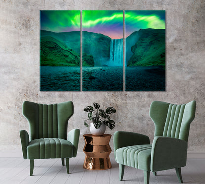 Skogafoss Waterfall with Green Aurora Light Skoga River Iceland Canvas Print-Canvas Print-CetArt-1 Panel-24x16 inches-CetArt
