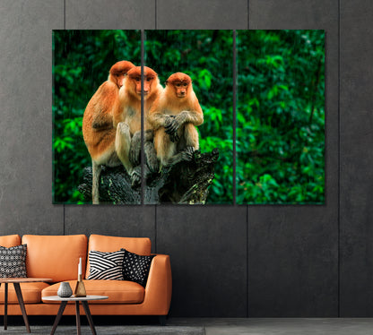 Three Monkeys Sitting on a Tree in the Rain Canvas Print-Canvas Print-CetArt-1 Panel-24x16 inches-CetArt