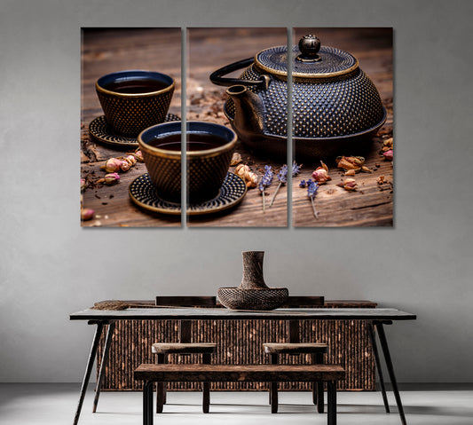 Black Cast Iron Teapot and Cup of Tea Canvas Print-Canvas Print-CetArt-1 Panel-24x16 inches-CetArt