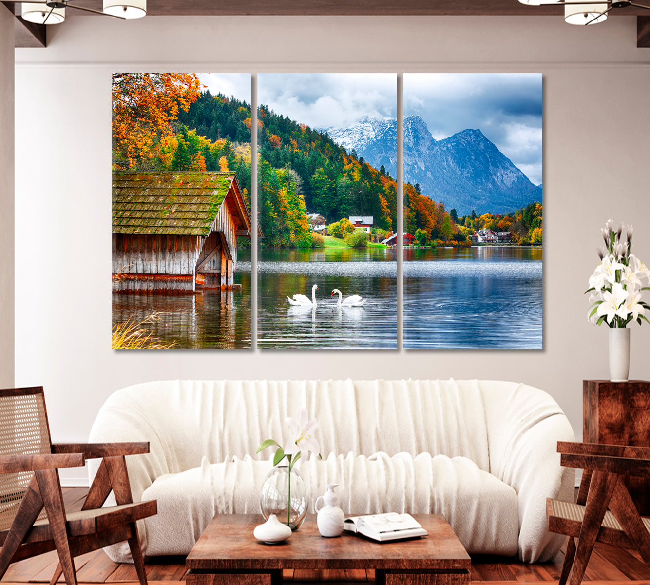 Two White Swans on Lake Grundlsee Switzerland Canvas Print-Canvas Print-CetArt-3 Panels-36x24 inches-CetArt