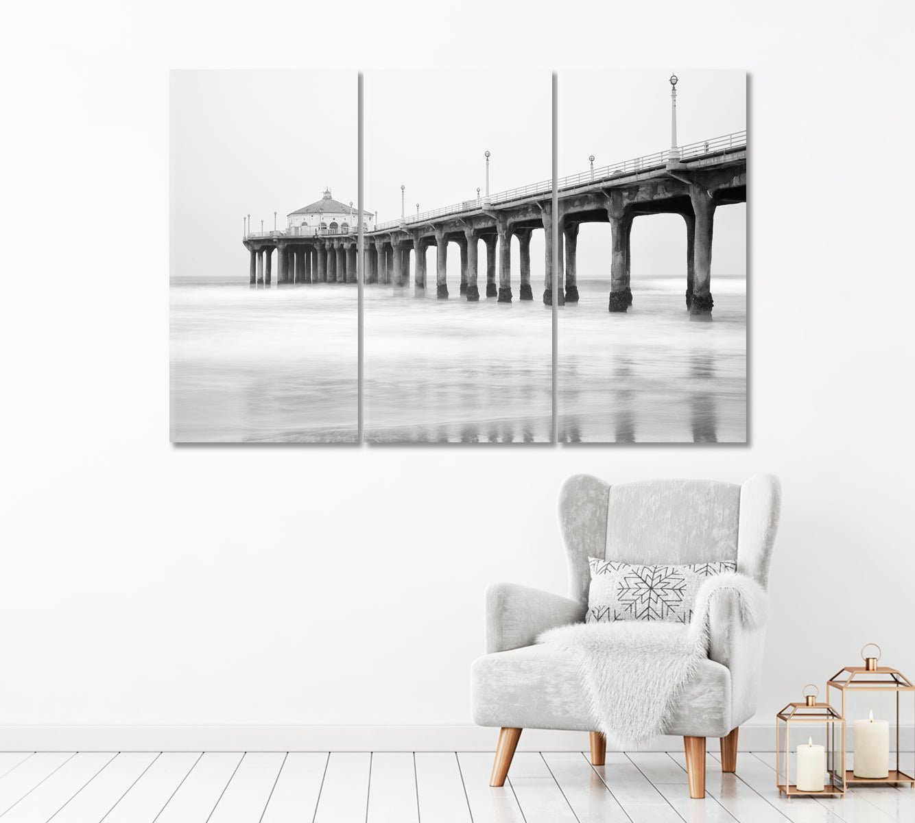 Black and White Manhattan Beach Pier California Canvas Print-Canvas Print-CetArt-1 Panel-24x16 inches-CetArt
