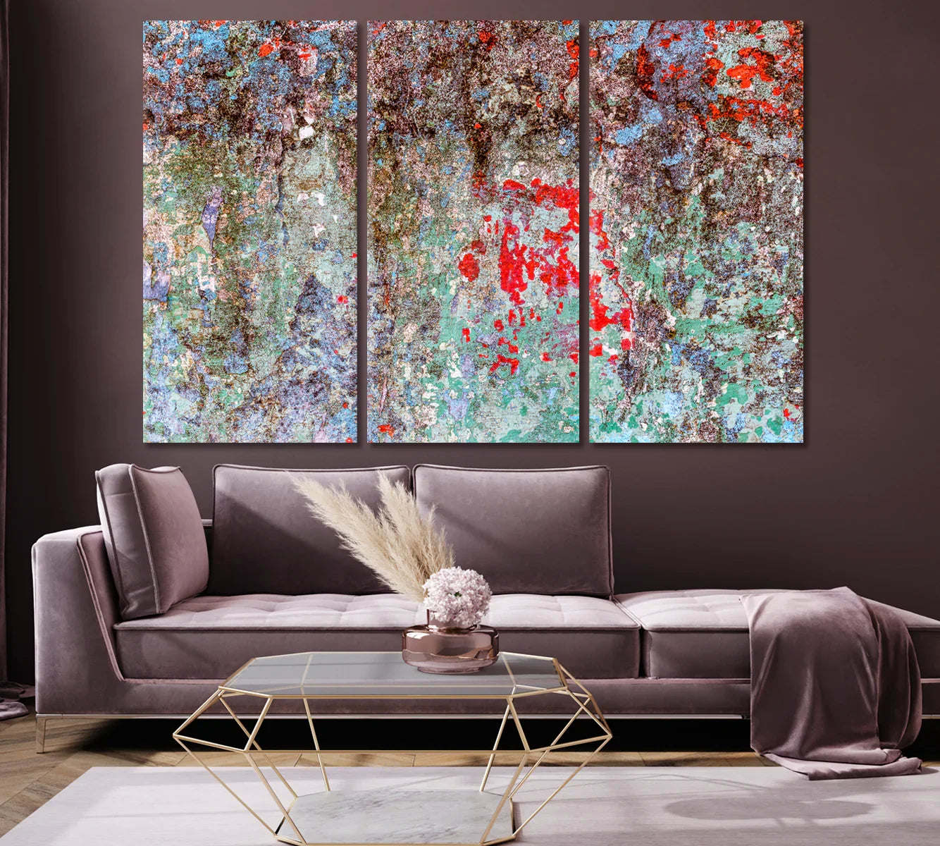Triptychon-Layout des abstrakten Effekts „Gebrochene Wand“ – modernes Leinwandset mit drei Teilen