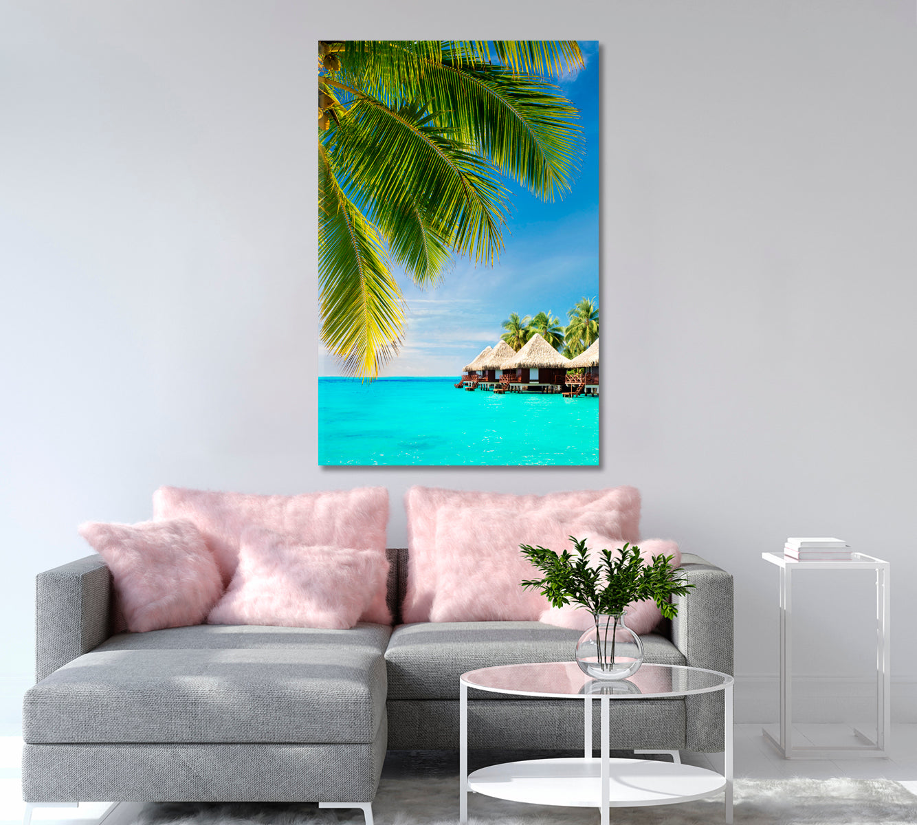 Coconut Tree over Ocean with Bungalows Canvas Print-Canvas Print-CetArt-1 panel-16x24 inches-CetArt