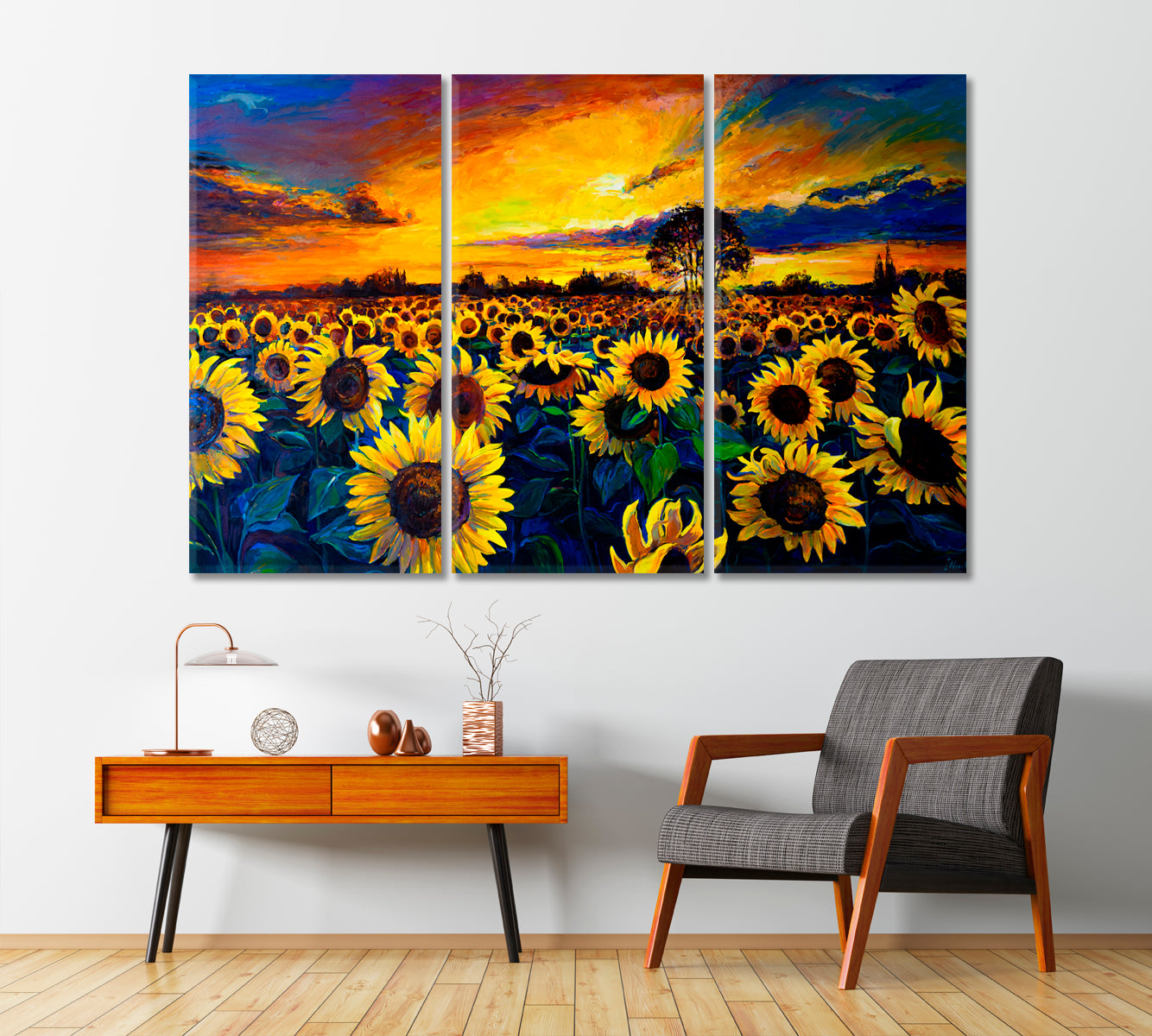 Oil Painted Sunflowers Field Canvas Print-Canvas Print-CetArt-3 Panels-36x24 inches-CetArt