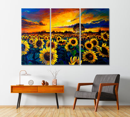Oil Painted Sunflowers Field Canvas Print-Canvas Print-CetArt-3 Panels-36x24 inches-CetArt