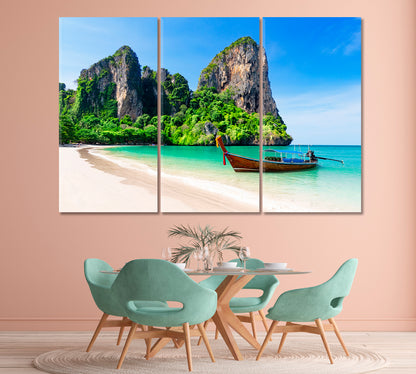 Thai Traditional Wooden Boat at Railay Beach in Thailand Canvas Print-Canvas Print-CetArt-1 Panel-24x16 inches-CetArt