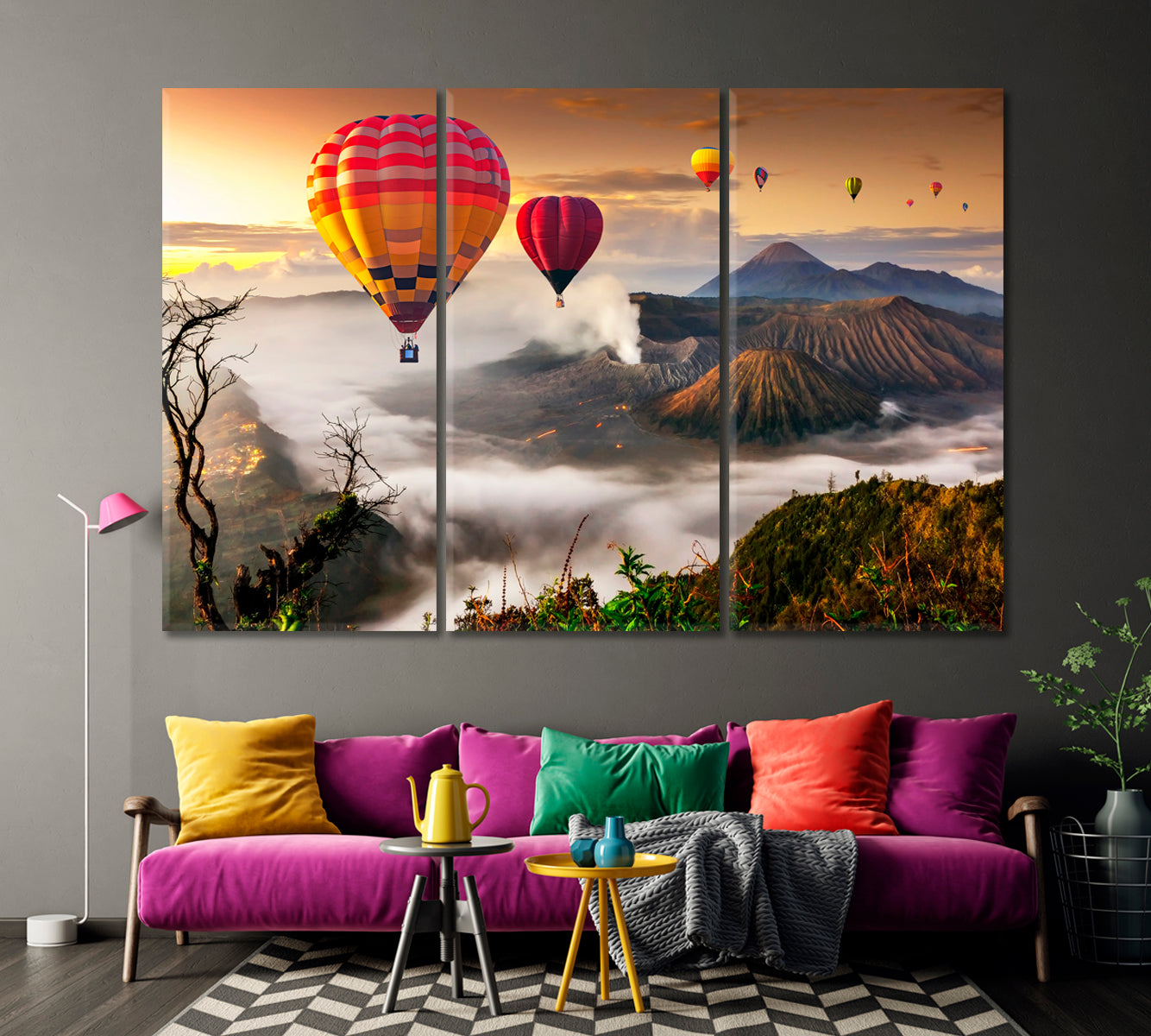 Colorful Hot Air Balloons over Bromo Volcano Indonesia Canvas Print-Canvas Print-CetArt-1 Panel-24x16 inches-CetArt