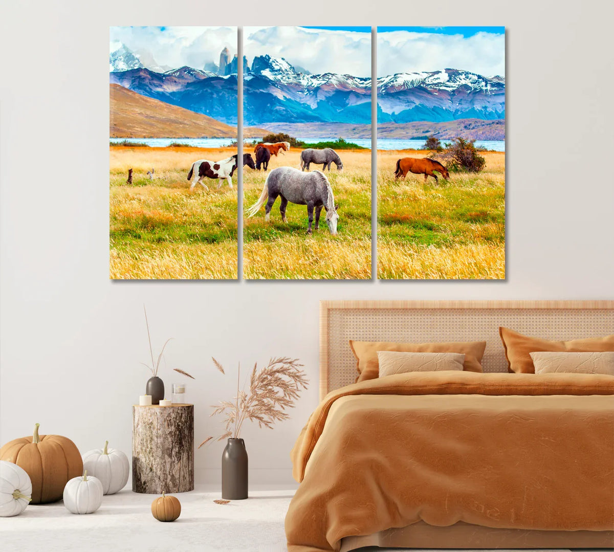 Herd of wild horses running across a plain—dynamic farmhouse accent above a console.