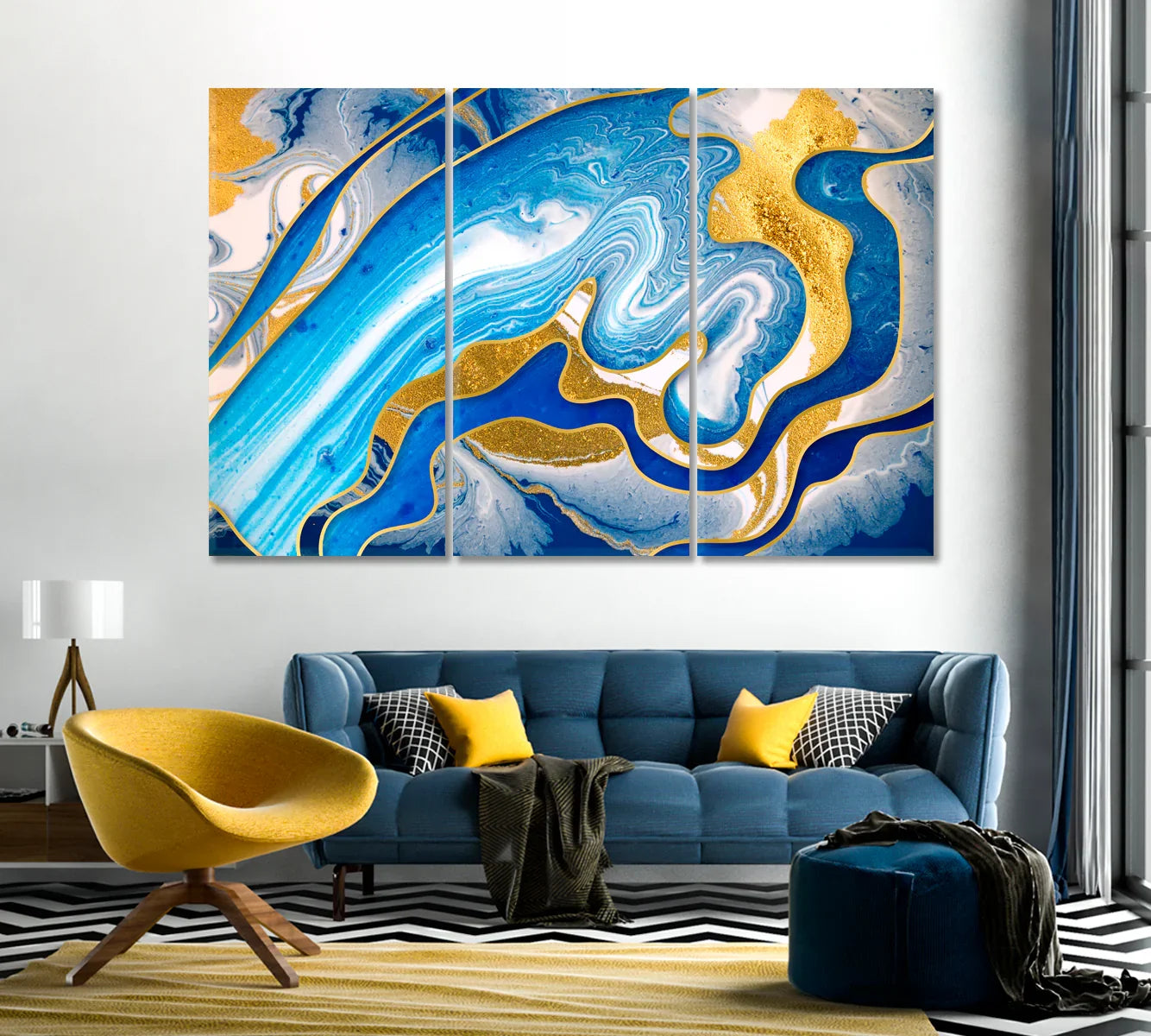 Blue and yellow abstract swirls in a modern living room