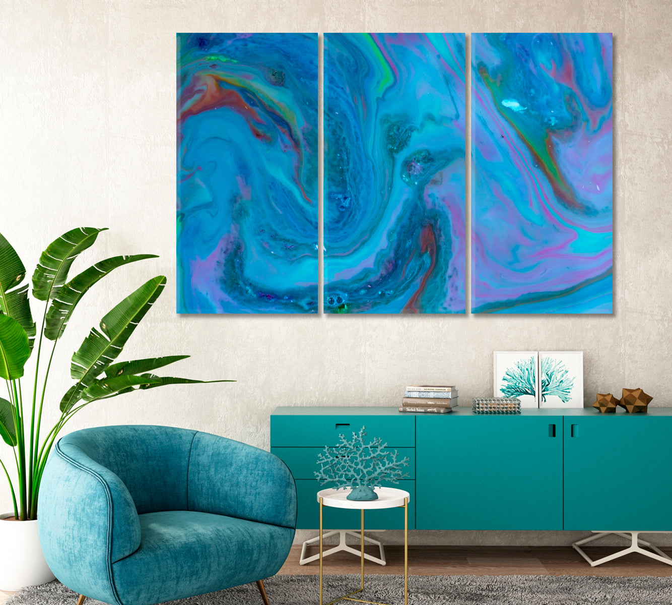 Abstract Blue Contemporary Waves Canvas Print-Canvas Print-CetArt-3 Panels-36x24 inches-CetArt