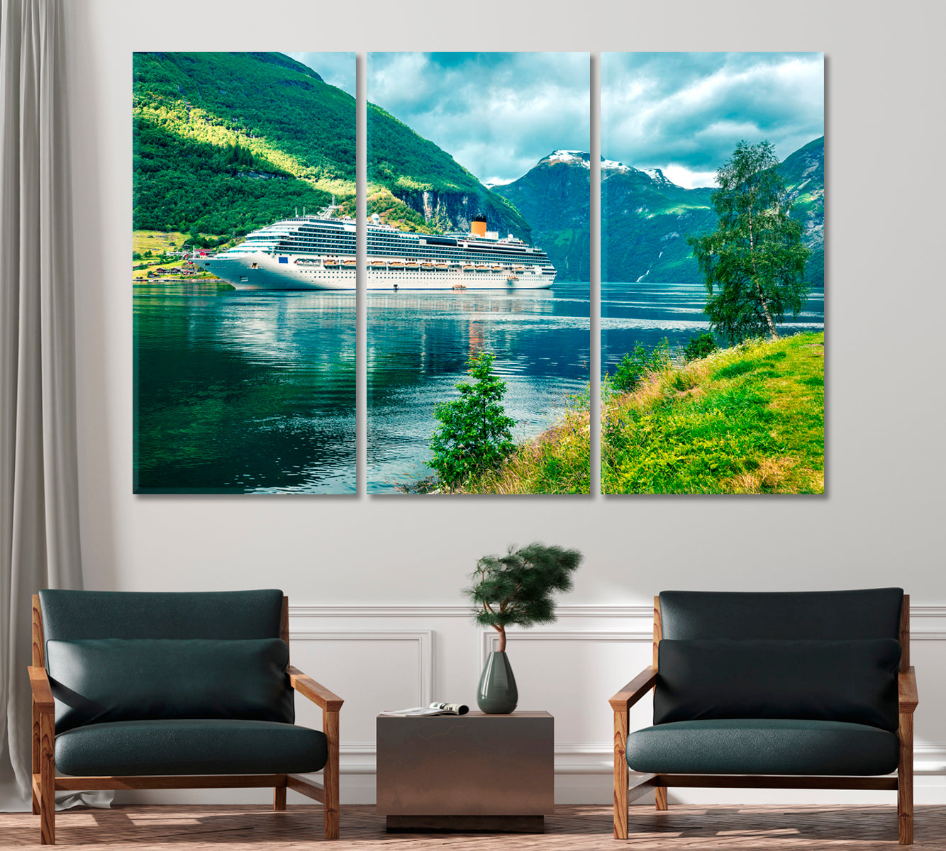 Green Geiranger Fjord with Cruise Ship Norway Canvas Print-Canvas Print-CetArt-1 Panel-24x16 inches-CetArt