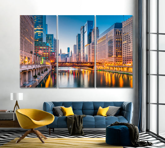 Chicago Cityscape on River at Twilight USA Canvas Print-Canvas Print-CetArt-1 Panel-24x16 inches-CetArt