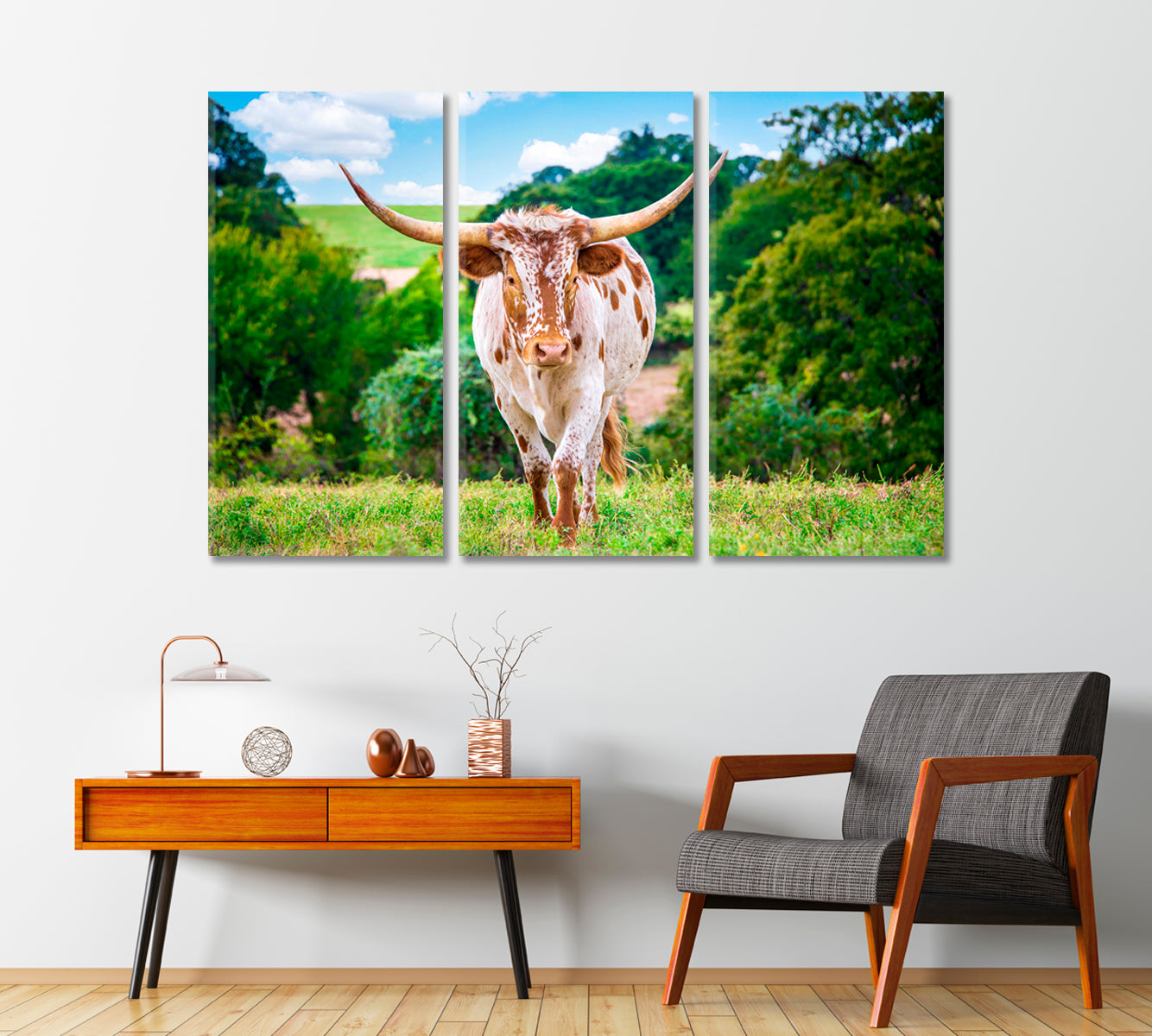 Texas Longhorn Cattle in a Summer Pasture Canvas Print-Canvas Print-CetArt-1 Panel-24x16 inches-CetArt