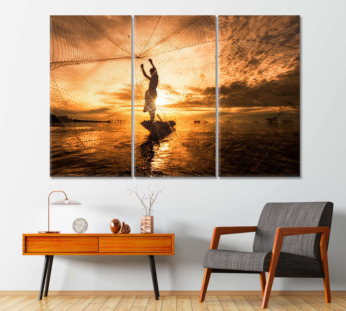 Fisherman Silhouette on Boat with Fishing Net Canvas Print-Canvas Print-CetArt-1 Panel-24x16 inches-CetArt