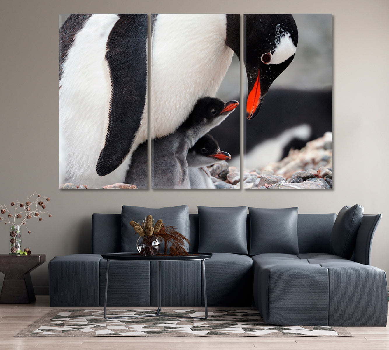 Caring Penguin with Two Chicks Canvas Print-Canvas Print-CetArt-1 Panel-24x16 inches-CetArt