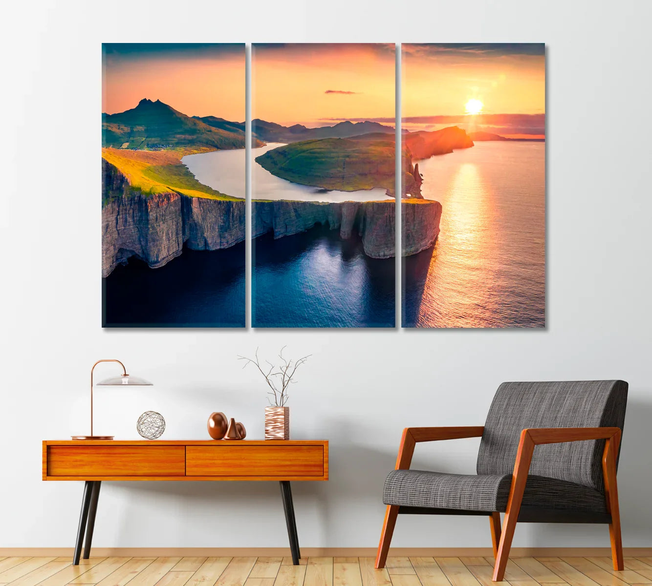 Three-panel Sørvágsvatn canvas set in hallway — modern white wall