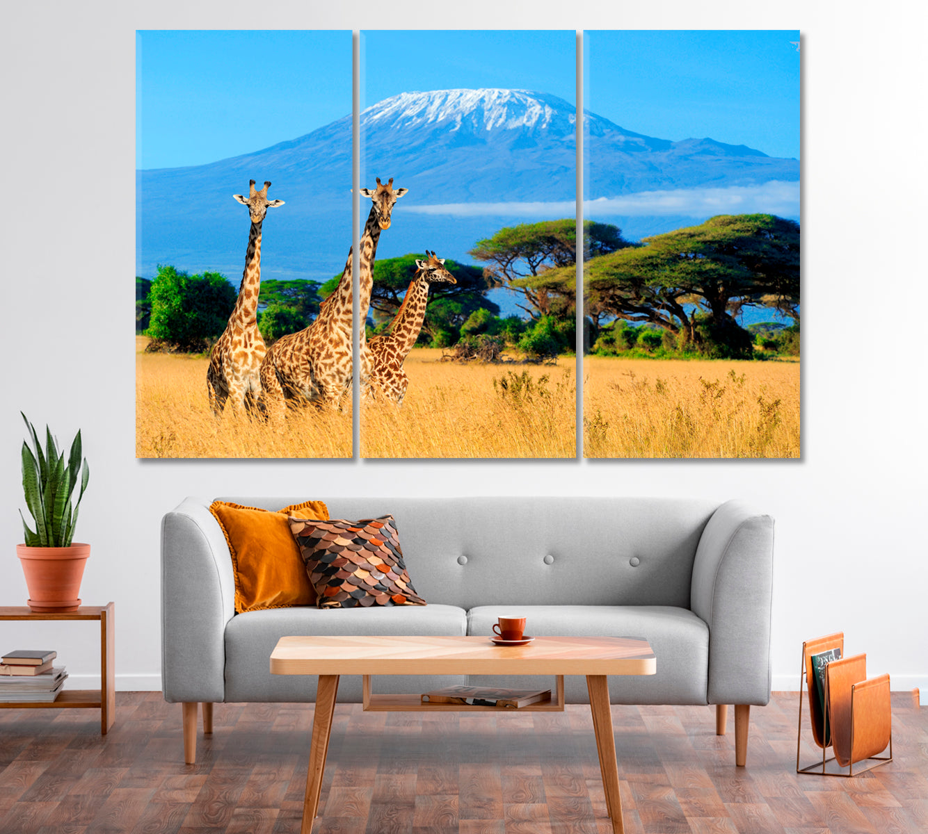 Three Giraffes Near Mount Kilimanjaro Africa Canvas Print-Canvas Print-CetArt-1 Panel-24x16 inches-CetArt
