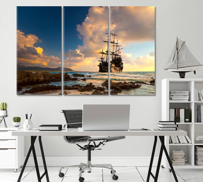 Old Pirate Ship at the Open Sea in Sunset Canvas Print-Canvas Print-CetArt-1 Panel-24x16 inches-CetArt