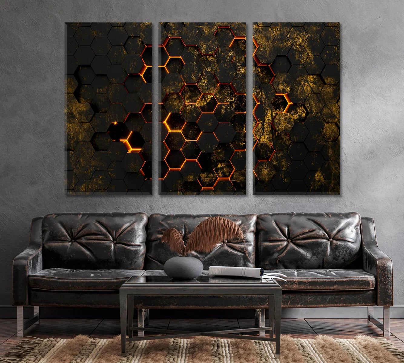 Abstract black neon hexagons canvas print thumbnail for modern office wall art