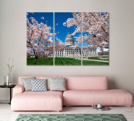 Utah State Capitol Building in Salt Lake with Cherry Blossom Canvas Print-Canvas Print-CetArt-1 Panel-24x16 inches-CetArt