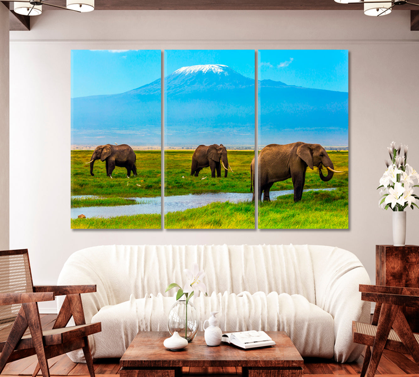 African Elephants at Mount Kilimanjaro Amboseli Reserve Kenya Canvas Print-Canvas Print-CetArt-1 Panel-24x16 inches-CetArt