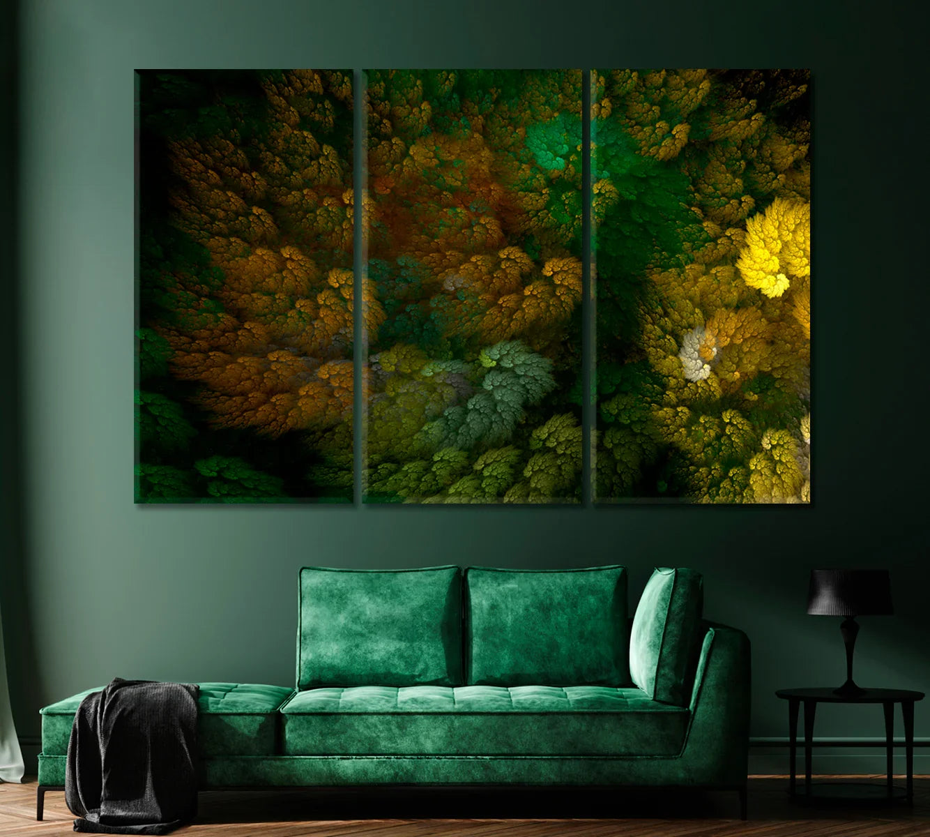 Triptych over emerald sofa — tonal harmony with upholstery and brass lamp.