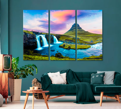 Landscape with Kirkjufell Mountain and Kirkjufellsfoss Waterfall Iceland Canvas Print-Canvas Print-CetArt-1 Panel-24x16 inches-CetArt